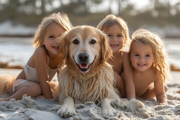 Three blonde girls smiling happily with a dog on the beach in summer at sunset. Family concept.