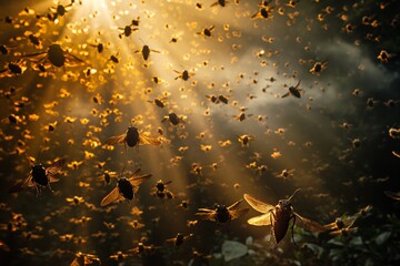 a swarm of flying insects  - obrazy, fototapety, plakaty