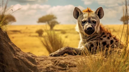 Fotobehang a view hyena rest in savanna background © kucret