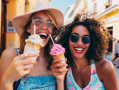 Women eating ice cream on city street - friends having fun outdoors 