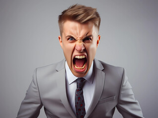 Young upset shouting young man or boss wearing classic suit attire isolated on light gray background.Angry boss 
