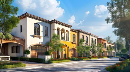 Colorful stucco finish traditional private townhouses. Residential architecture exterior. 
