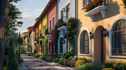 Colorful stucco finish traditional private townhouses. Residential architecture exterior. 