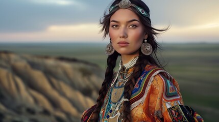 Central Asian woman in a striking traditional dress and jewelry on a cliffside