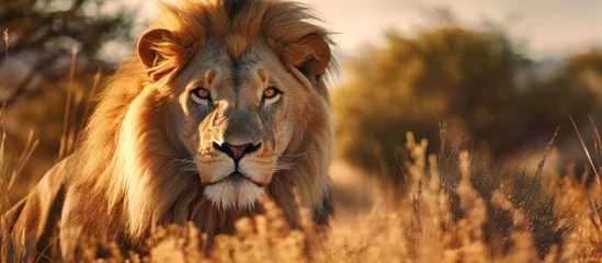 Foto op Aluminium lion standing to hunting in savanna background © kucret