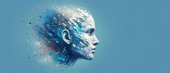Three-Dimensional representation of a dissolving human face. Creativity and Mental Health in a futuristic and abstract illustration. Banner copy space. Blue background - obrazy, fototapety, plakaty