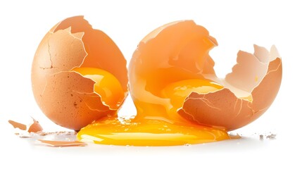 Cracked egg, eggshell with yolk isolated on white background - obrazy, fototapety, plakaty