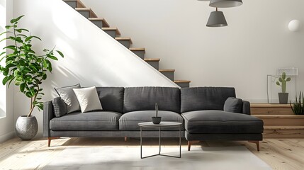 Cute grey sofa in room with staircase. Scandinavian home interior design of modern living room.
Cute grey sofa in room with staircase. Scandinavian home interior design of modern living room.
