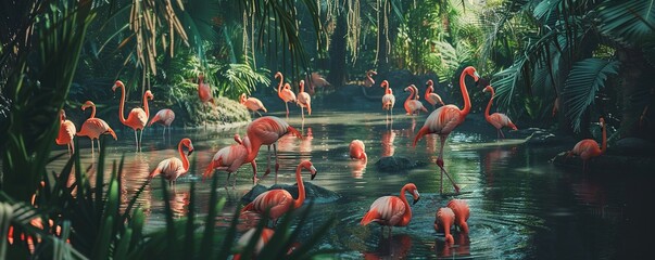 flamingos in the water looking for food - obrazy, fototapety, plakaty