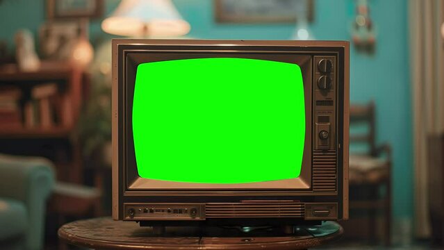 Retro TV with Green Screen in Vintage Living Room