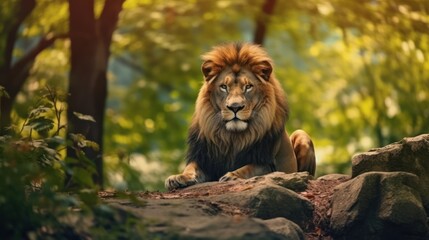 Naklejka na ściany i meble lion resting on a rock in the jungle background