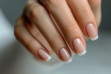 Close up of female hand with French manicure. Beautiful elegant gel polish manicure on square nails on neutral background