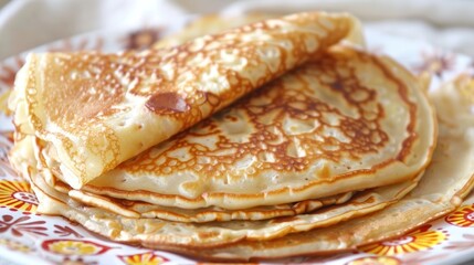 a stack of pancakes sitting on top of a plate on top of a white and red plate with a flower design on it.
