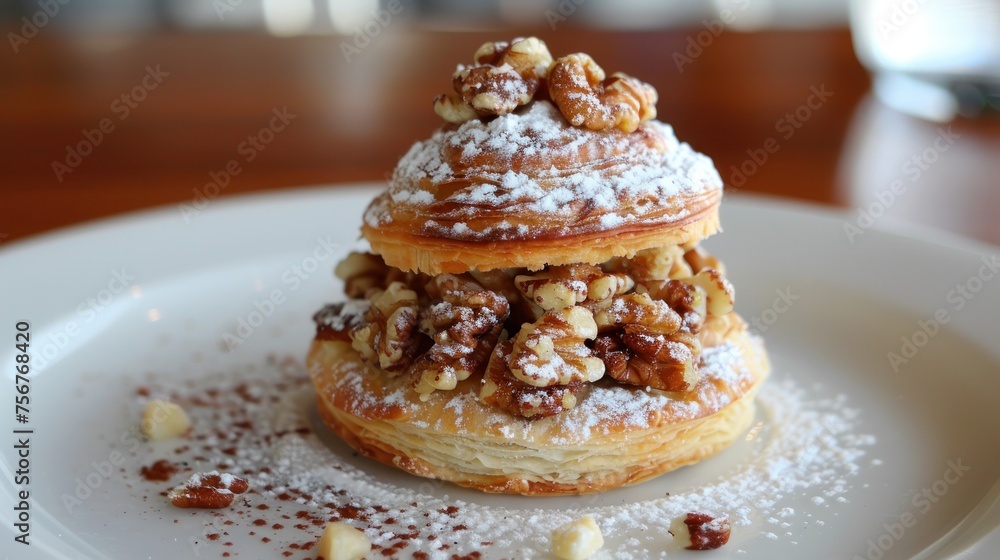 Poster a close up of a pastry on a plate with powdered sugar on the top and walnuts on the bottom.