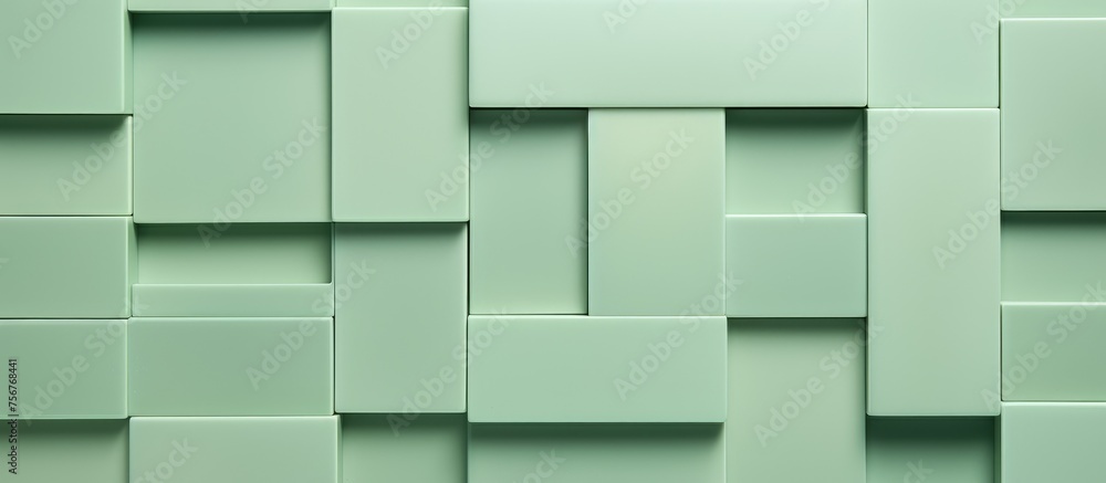 Poster a closeup of a rectangular green wall made of square wood panels with symmetrical patterns and varyi