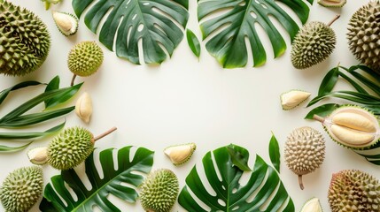 Tropical durian fruit display with monstera leaves on white backdrop. Exotic durian arrangements for healthy lifestyle promotion. Fresh durian with tropical foliage for natural aesthetic. - obrazy, fototapety, plakaty