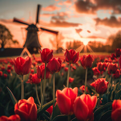 Fields Red Tulip field in the evening blooming in the park. Mill in the background