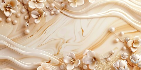 Abstract beige and cream marble texture background, enhanced by white stylized flowers and delicate gold dust accents with pearl-like beads for a touch of luxury