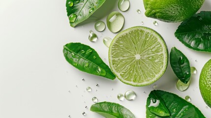 Fresh lime slices with vibrant leaves and water droplets. Citrus freshness embodied in lime and dew. Zesty limes and green leaves with refreshing water accents.