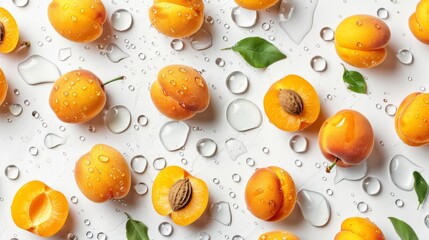 Ripe apricots with water drops on white surface. Halved apricots revealing juicy interior. Fresh stone fruit with visible texture and moisture detail. - obrazy, fototapety, plakaty