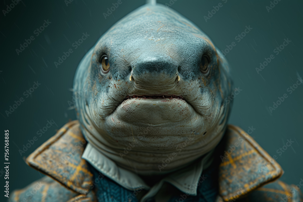 Poster a character wearing a suit with a shark's head, representing assertiveness and competitiveness in th