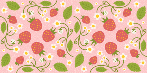 Seamless design pattern with strawberries, cute berries, flowers, green leaves. Repetitive surface design intended for kitchen apparel, fabrics, wrapping paper, and diverse purposes
