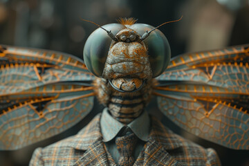An anthropomorphic character in business attire with a dragonfly's head, symbolizing agility and quick decision-making in business. Concept of nimble leadership. Generative Ai.