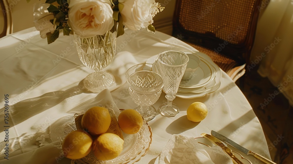 Poster a table with a vase of flowers and a plate with lemons on it and silverware on the table.