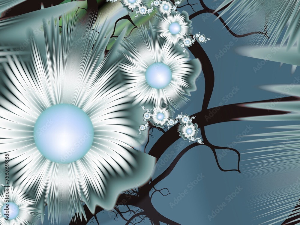 Poster fractal image with white flowers. template with a place to insert text. gentle background fractal il