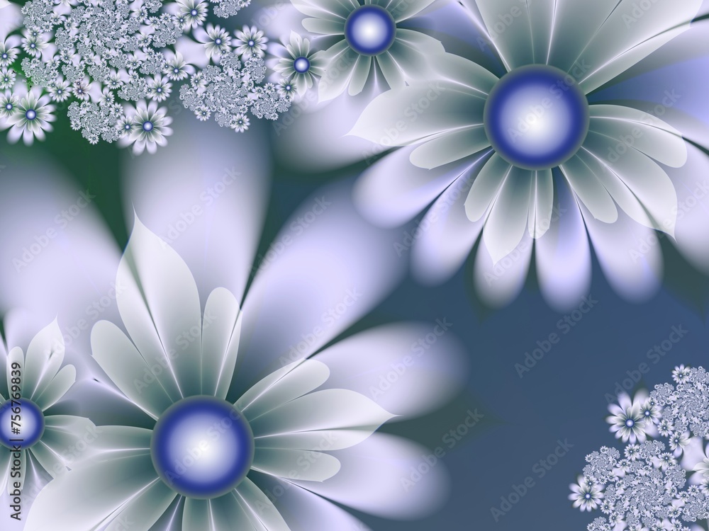 Poster fractal image with white flowers. template with a place to insert text. gentle background fractal il
