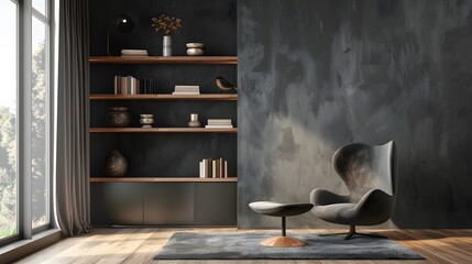 Grey barrel chair against of window and wooden shelving unit and cabinet on dark wall. Scandinavian style interior design of modern living room. 