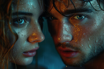 An intense stare between two individuals with lightning striking in the background, conveying the power and magnetism of attraction. Concept of compelling connections. Generative Ai.