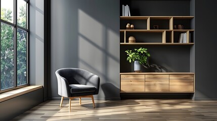 Grey barrel chair against of window and wooden shelving unit and cabinet on dark wall. Scandinavian style interior design of modern living room. 