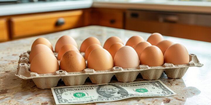 Chicken eggs in a cardboard tray on the kitchen table and dollar lying next to it. Increase in the price of eggs