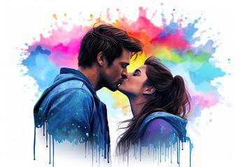 Passionate kiss between charming handsome lovers. Colorfull image of loving couple. Cropped close up profile. Digital art in the style of a painted picture. Illustration for cover, card or print.