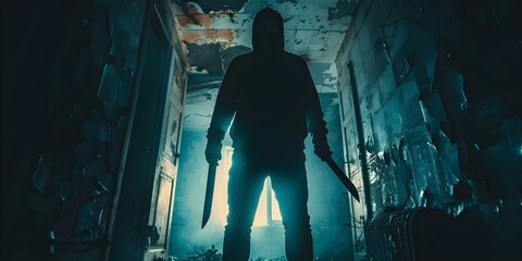 Eerie silhouette wielding a knife in dimly lit abandoned structure Spooky atmosphere. Concept Horror Photography, Creepy Shadows, Abandoned Buildings, Eerie Atmosphere - obrazy, fototapety, plakaty