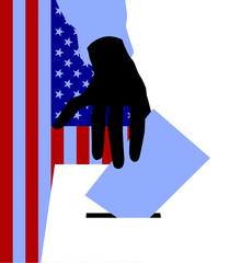 A black silhouette of a hand placing a ballot paper in a ballot box against the background of the USA flag. Vector illustration in flat style