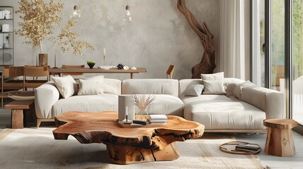 Obraz na płótnie Canvas Live edge wooden coffee table near corner sofa. Interior design of modern living room in farmhouse.