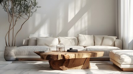 Live edge wooden coffee table near corner sofa. Interior design of modern living room in farmhouse. - obrazy, fototapety, plakaty