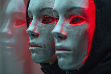 A person wearing a mirrored mask reflecting a distorted image, representing the altered self-perception in mental health issues. Concept of distorted self-image. Generative Ai.