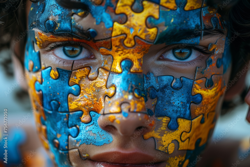 Poster a person with a jigsaw puzzle pattern on their face, each piece representing a different aspect of m