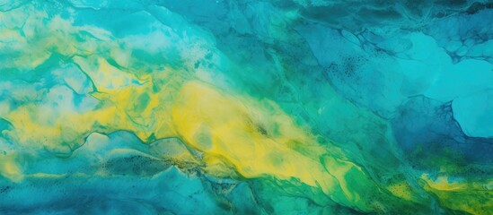 Abstract color painting on concrete block background in blue, green, and yellow tones. Smooth texture for design and decoration. Natural patterns on the stone plates for floor and walls.