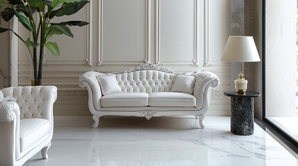white classic luxury fancy sofa against white wall, beautiful, furniture design for the rich people