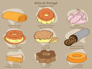 Set of typical Portuguese cakes. Colorful vector icon collection.