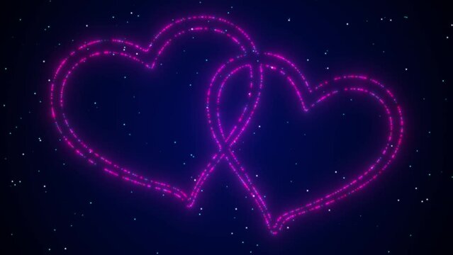 Abstract glowing red particles shaping two intertwined hearts on a dark background, concept, ideas, 4k
