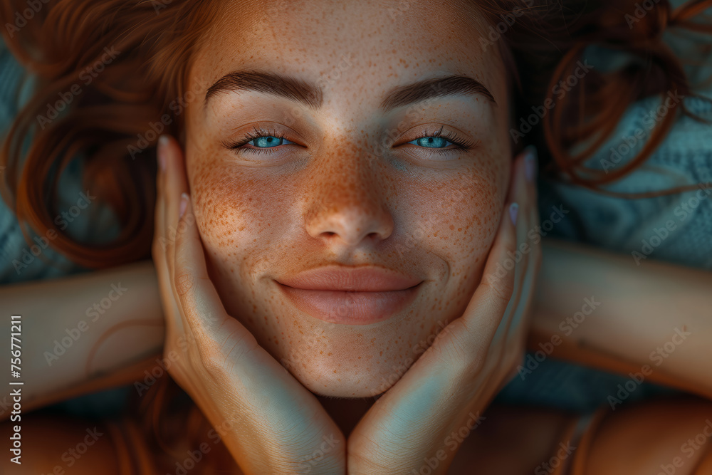 Poster a close-up of a person's face with hands forming a heart shape around the mind, symbolizing the conn