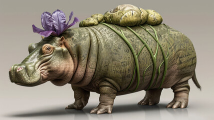 a hippopotamus with a purple flower on it's head and a purple ribbon around its neck.