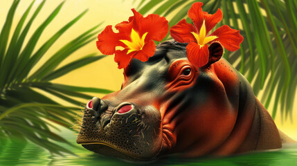 a hippopotamus with red flowers on it's head in a body of water with palm trees in the background.