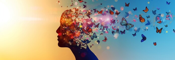 The visualization of a human silhouette dissipating into a swarm of butterflies symbolizes personal growth and transformation.