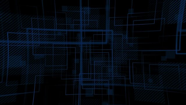 Dark abstract geometric technology background with a repeating minimalist pattern of blue square shapes and dashed lines. Full HD and looping textured tech background.